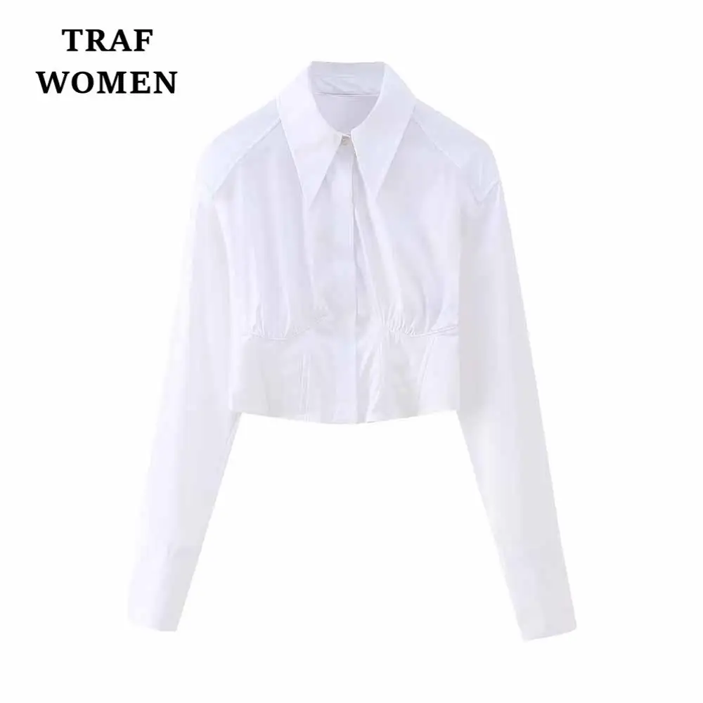 

TRAF WOMEN 2023 Spring Poplin Underwear Style Shirt Solid Color Long Sleeve Short Retro Temperament Female Chic Blouse 2584686