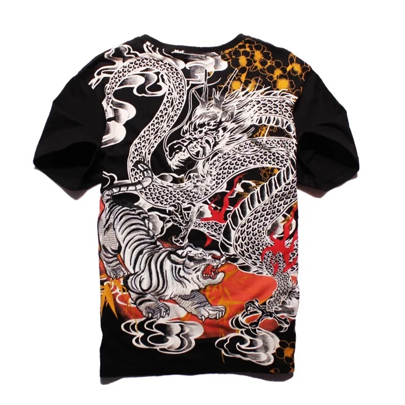 

Japanese Harajuku Ukiyoe Vintage Embroidered T-shirt Men Brother Dragon Tiger Embroidery Chinese Style Tee Shirt