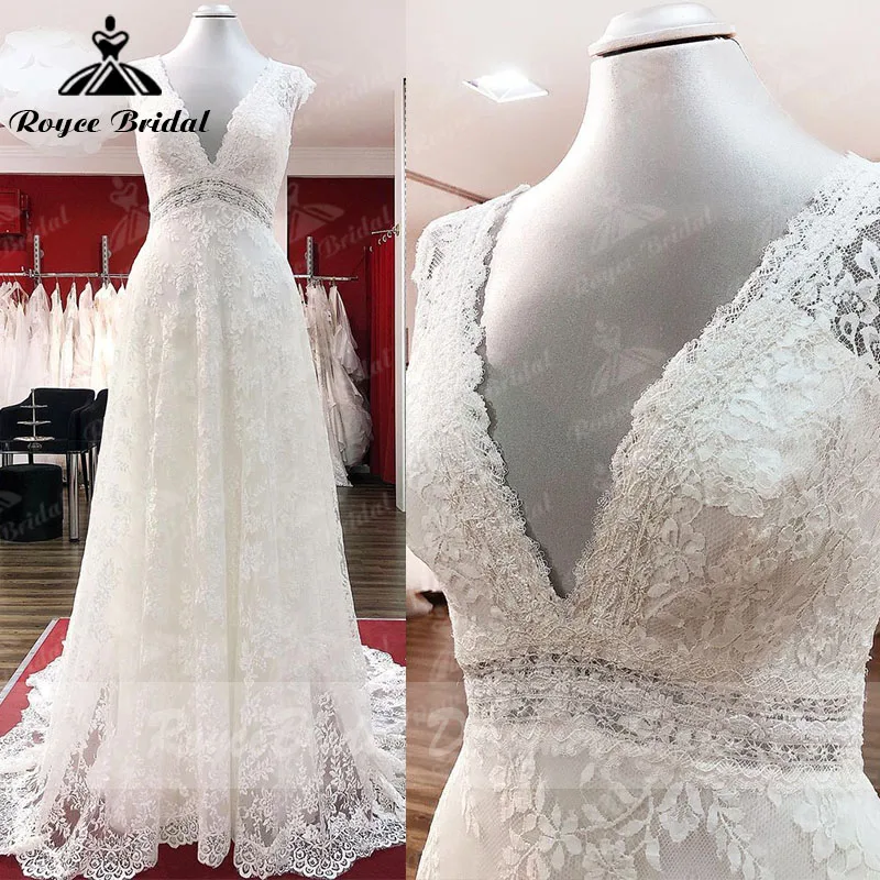 

Винтажное свадебное платье Roycebridal, платье с V-образным вырезом, рукавами-крылышками и открытой спиной, ТРАПЕЦИЕВИДНОЕ свадебное платье, инди...