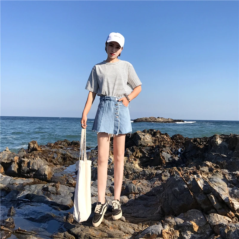 Women's Blue Jeans Skirt Shorts High Waist Irregular Shorts Skirts Fashion Raw Edge Fake 2 Piece Wide Leg Skirt Denim Shorts