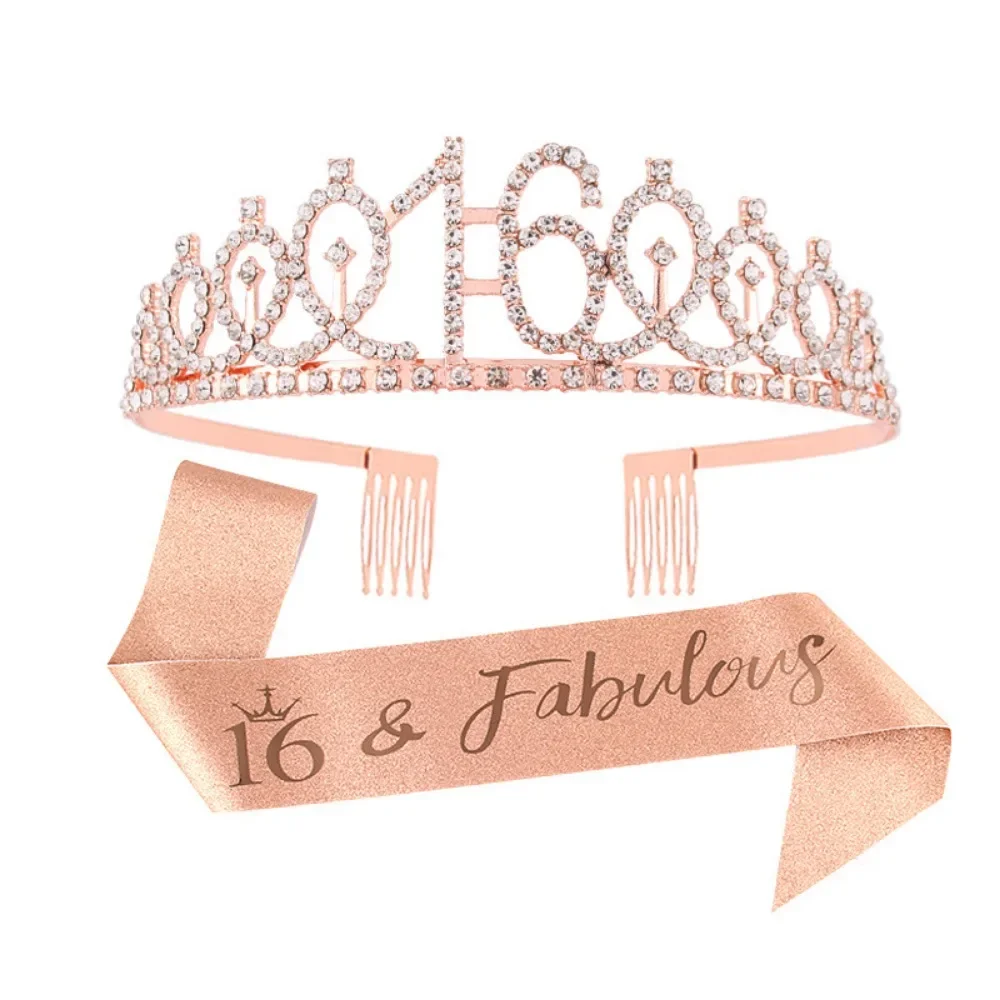 Розовое золото 13 16 18 21 30 40 потрясающая тиара со стразами и блестящий пояс подарки