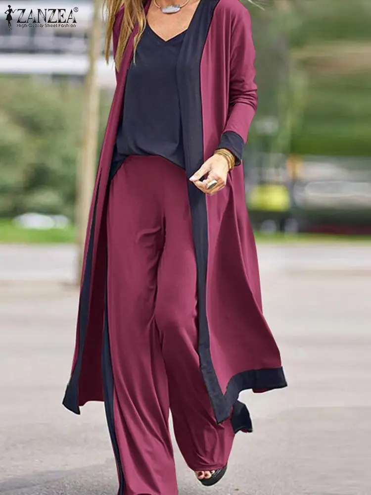 

Комплект брюк ZANZEA женский с длинным рукавом, комплект из 3 предметов, кардиган и майка без рукавов, брюки с широкими штанинами, свободный Городской Спортивный костюм, весна