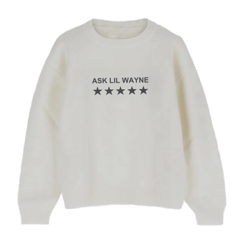 Женский вязаный пуловер с круглым вырезом длинным рукавом и надписью