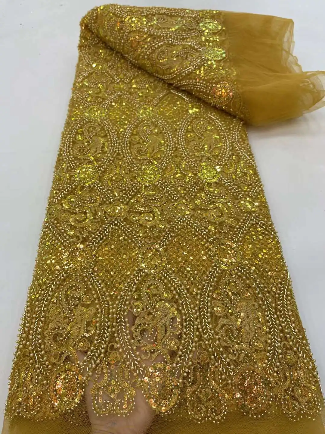

Luxury Gold African Groom Sequins Lace Fabric High Quality 2022 Heavy Beaded Embroidery French Tulle Lace Nigerian Wedding Dress