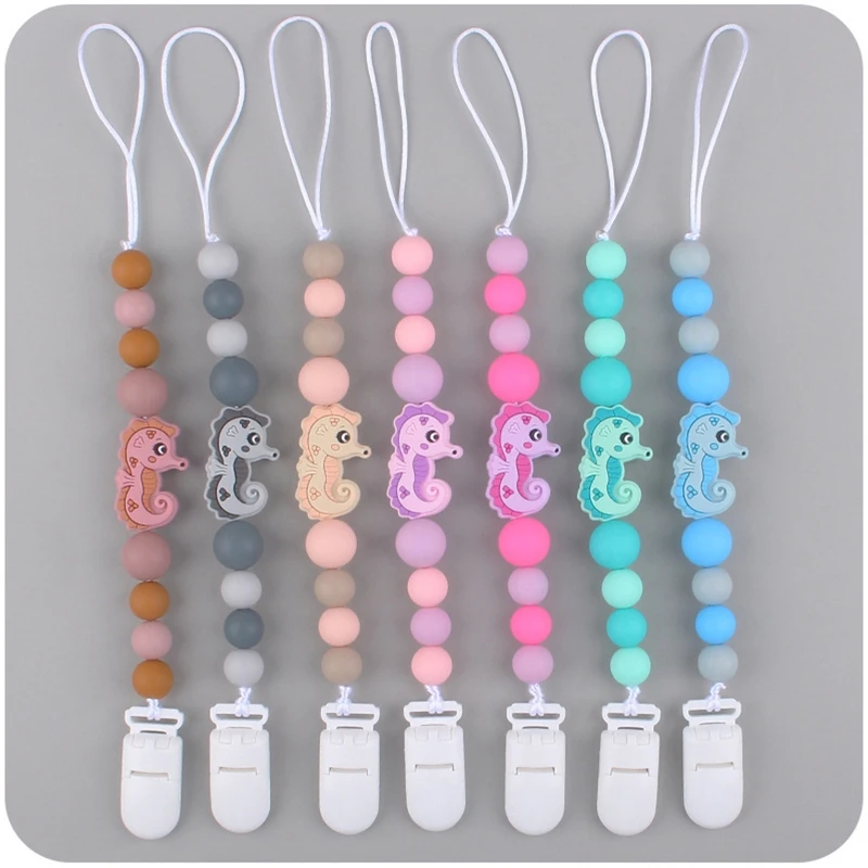 

Cute Sea Horse Bead Pacifier Clips Silicone Dummy Chain Holder Newborn Soother Chains Nipple Holder for Babies