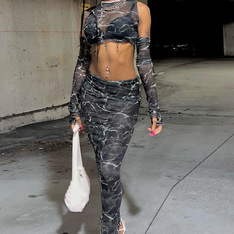 

2 Pieces Sets Sexy Printed Mesh Dress Sets For Women 2022 Summer O-neck See Through Sleeveless Crop Tops With Gloves Maxi Skirts