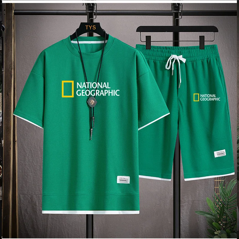 Waffle Short Sleeve T-shirt Men's Leisure Sports Set Wholesale Summer Loose Two Half Sleeve T-shirt Two Piece Set