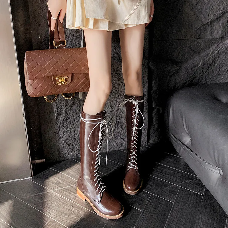 

MKKHOU модные сапоги до колена женские новые высококачественные натуральные кожаные сапоги с круглым носком на шнуровке Современные длинные сапоги