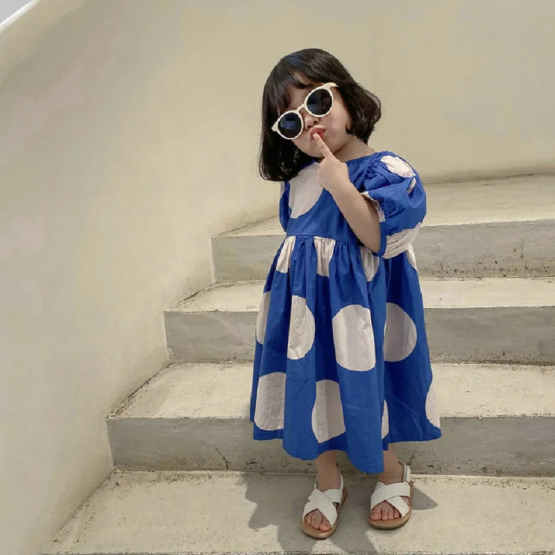 

Summer Dress for Girls Fashion Puff Sleeve Big Dot Kids Pricness Dress Cotton Causal Loose Girl Clothes 3 Years Children Costume