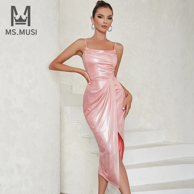 

Новинка 2023, модное женское сексуальное Драпированное Платье-миди на бретельках с разрезом без рукавов и открытой спиной