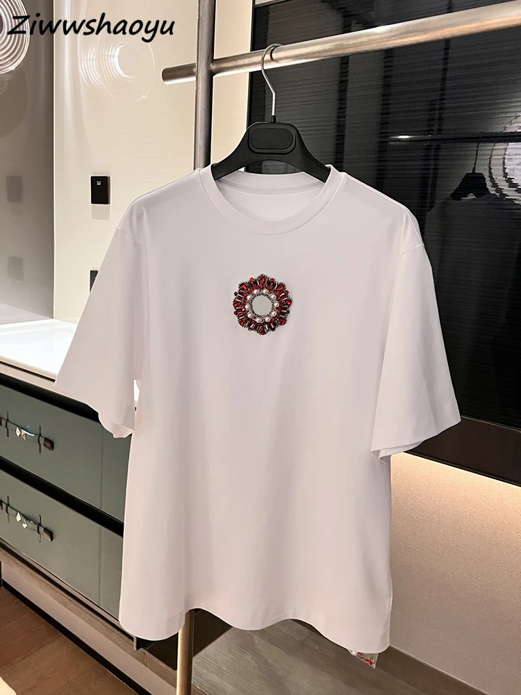 

High Quality Summer Women Fashion Runway Designer Short Sleeve Gorgeous Crystal Beading Pullovers White Print Cotton T-shirts