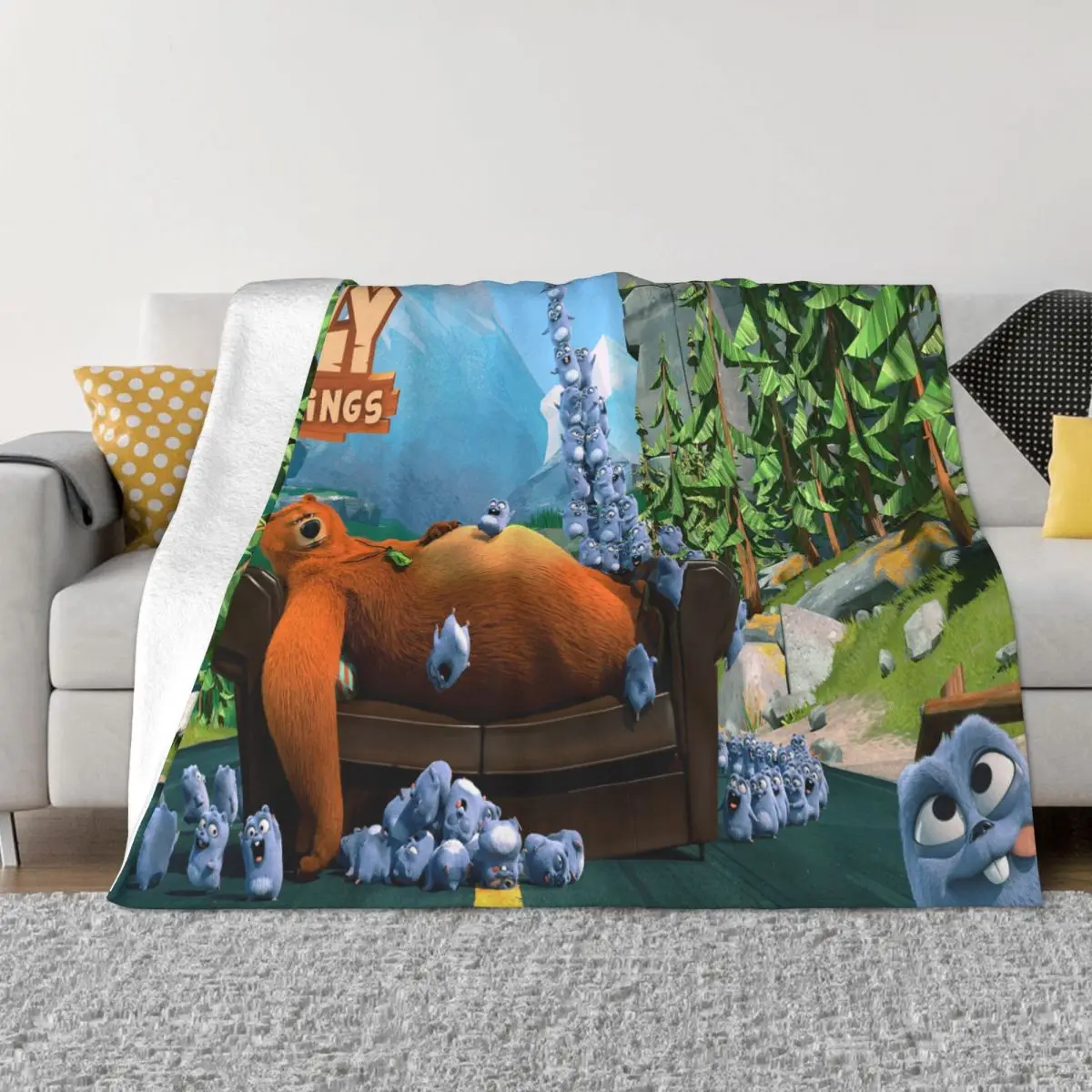 

Grizzy And The Lemmings Blanket Flannel Print Cute Bear Anime Portable Super Warm Throw Blankets for Sofa Bedroom Rug Piece