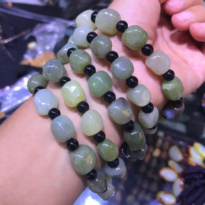 

Natural Hetian Jade Seed Stone Beads Bracelet Men Women Raw Jades With Skin Nephrite Tumbled Stones Elastic Bracelets Bangles