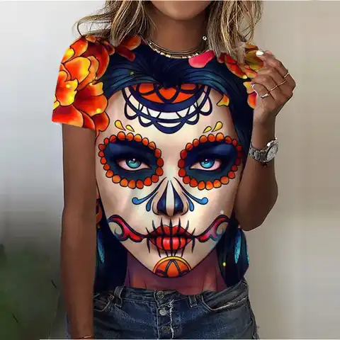 Fashion Woman Blouses 2023 T-shirt Women's Skull Print Black T Shirt Female Clothing Casual Round Neck Summer Top Streetwear