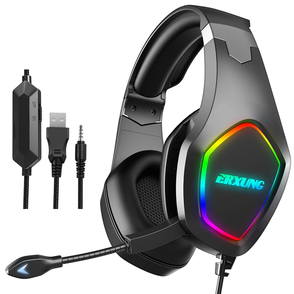 

Music Gaming Headsets Surround Sound Stereo Wired Earphones USB Microphone Light PC Laptop Computer Gamer