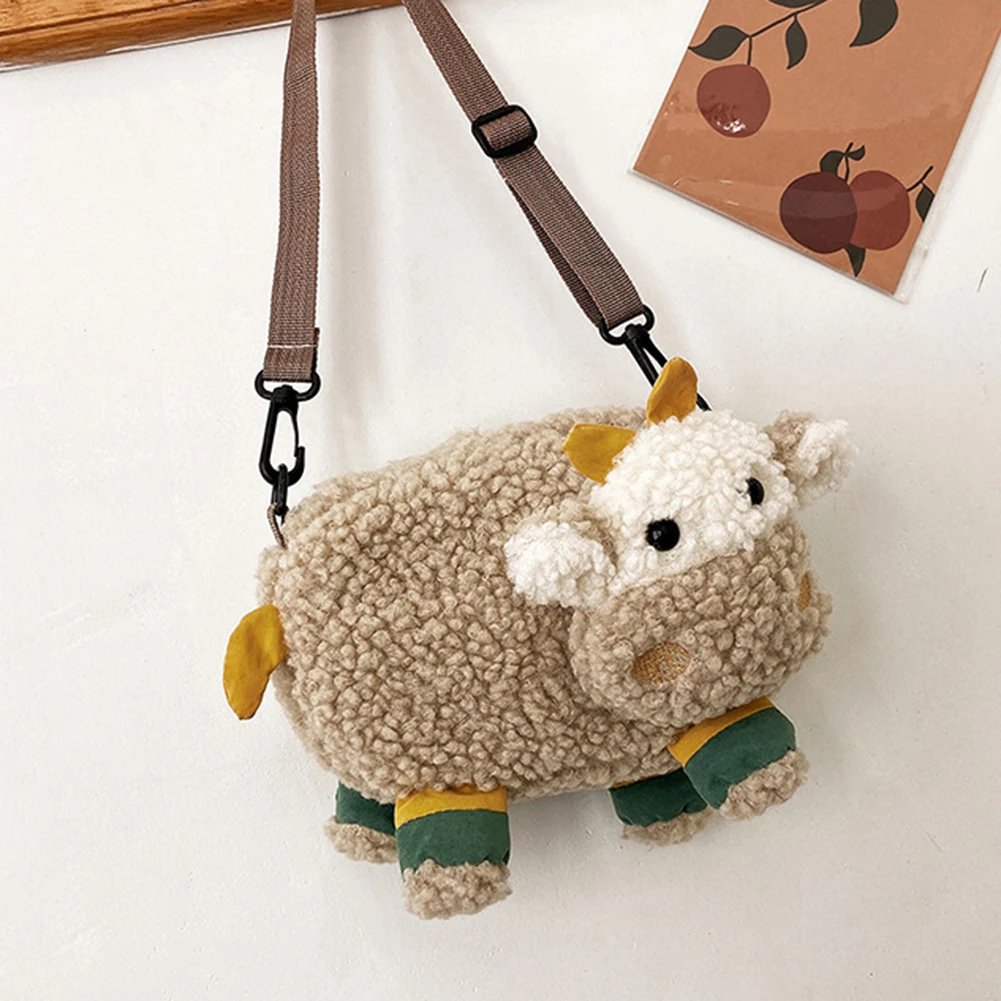 

Fleece Crossbody Bags Animal Lovely Cute Cartoon Messenger Handbag Cow Shaped Zipper Mini Small Satchel Pouch for Student Kids