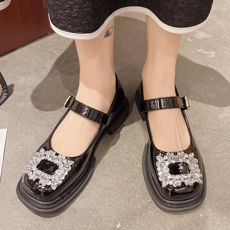 

Rimocy Luxury Crystal Buckle Mary Janes Shoes Women Patent Leather Square Heel Pumps Woman Round Toe Ankle Strap Shoes Ladies