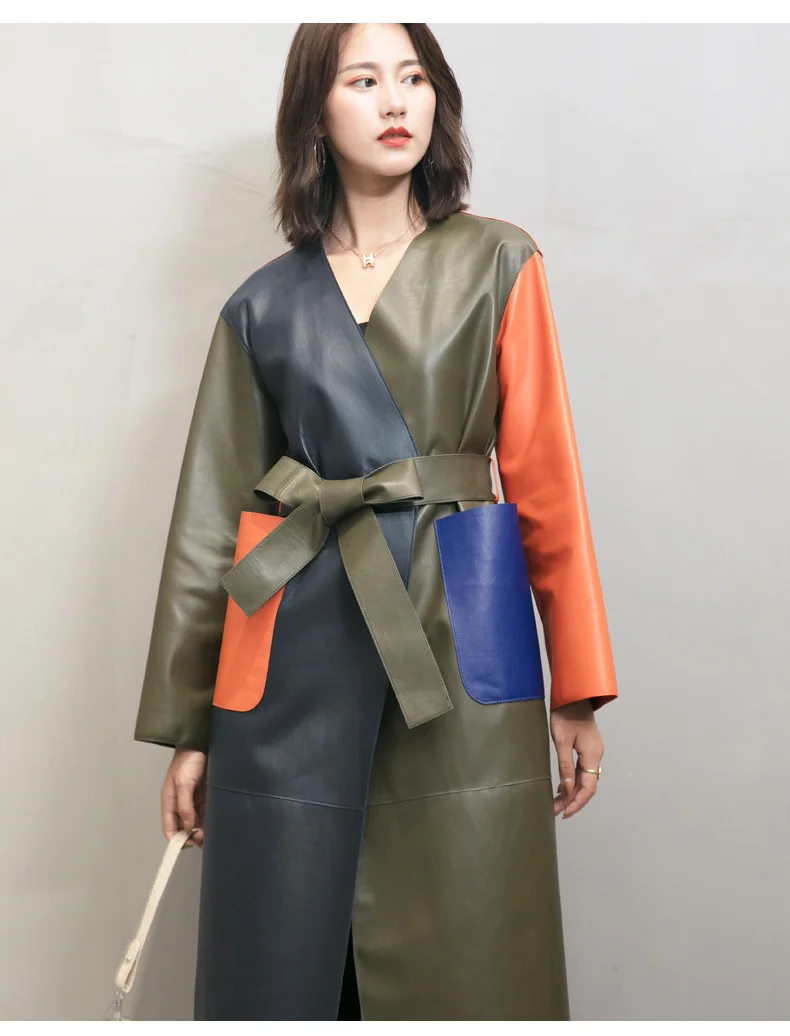 

2023 Women's New Leather Double Sided Sheepskin Windbreaker Belt V-neck Medium Length Contrast Coat,Women's Leather Coat