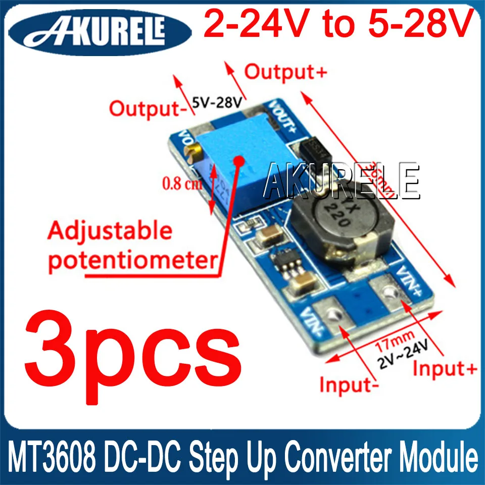 Модуль повышающего преобразователя MT3608 DC-DC, плата источника питания с 2-24 В до 5-28 в, с максимальным выходом 28 в 2 а для Arduino, Комплект «сделай сам»