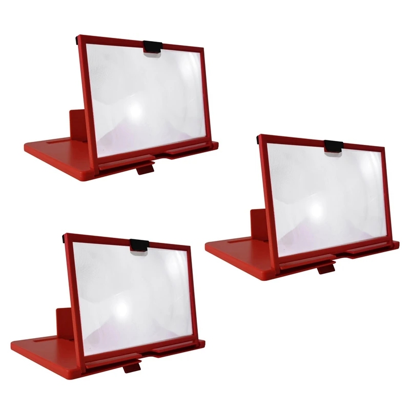 

3X Mobile Phone Screen Magnifier 12 Inch 3D HD Video Amplifier Stand Bracket With Movie Game Red Folding Desk Holder