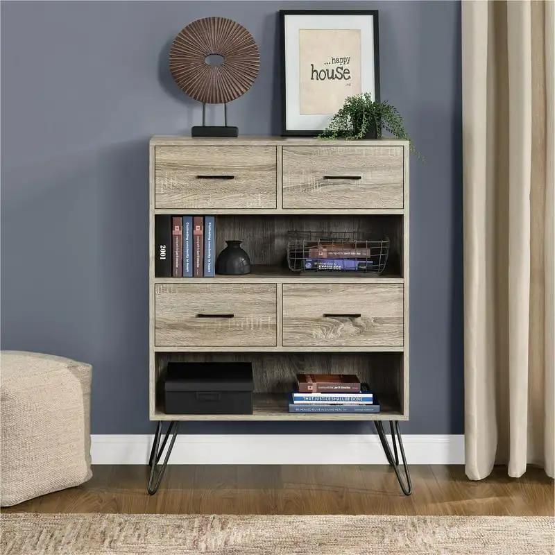 

Landon Bookcase with Bins, Sonoma Oak/Gunmetal Gray Home Furniture Office Bedroom Display Rack Shelf