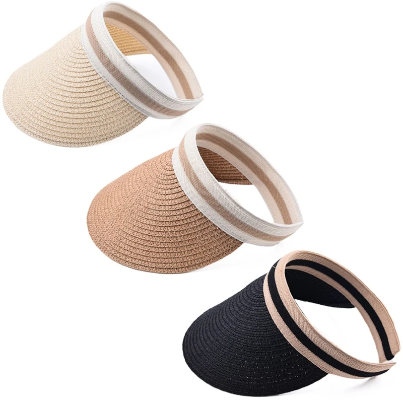 

634C Wide Brim Sun Visor Hat Solid Color Striped Empty Top Hat for Outdoor Activities