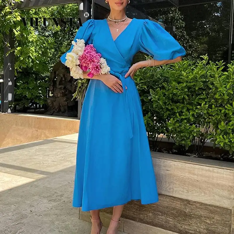 

Elegant Solid French Style Maxi Dress Fashion Cotton Linen Women Short Sleeve Banquet Dress Casual Lace-Up Slit Long Party Dress