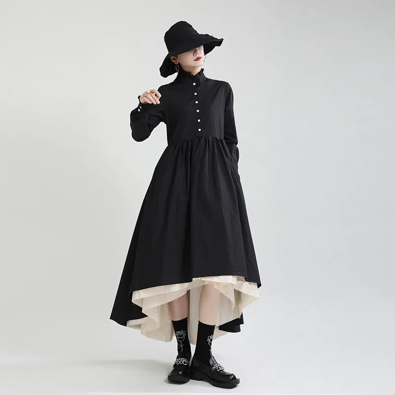 

2023 Fashion Courtly Style Tierred Patchwork Stand Collar Black Long Ball Gown Party Evening Maxi Dresses for Women Luxury