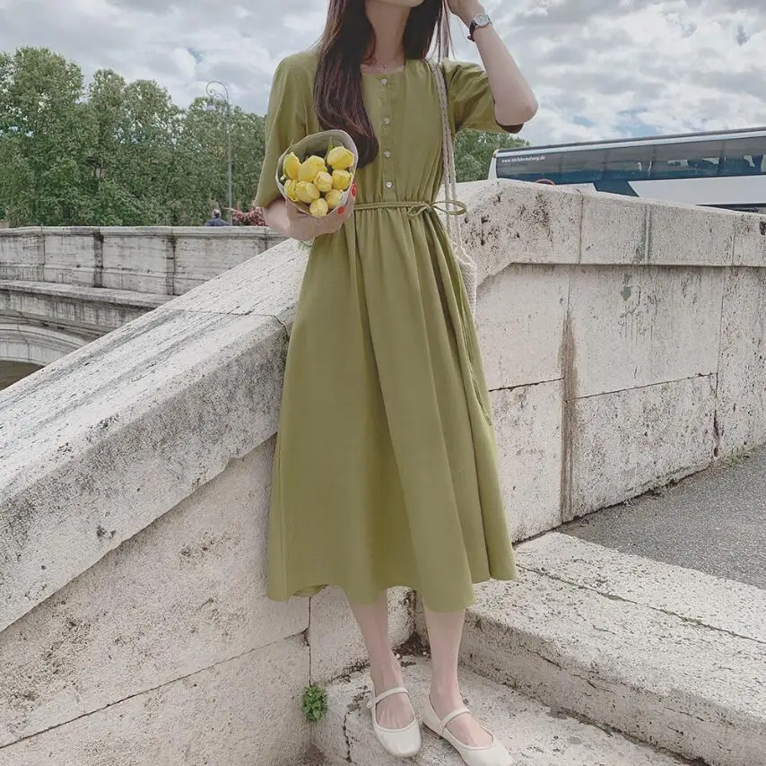 

Женское прямое платье средней длины, однотонное платье средней длины с рукавами-лепестками и сердечками в Корейском стиле, лето 2022