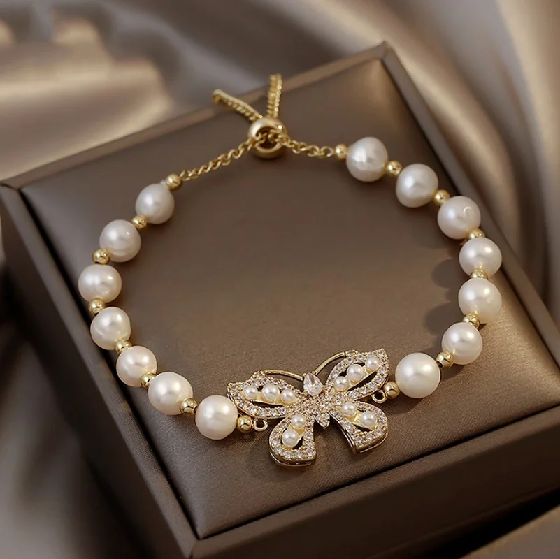 

Vintage Natural Baroque Pearl Bracelet Diamond Butterfly Women Pearl Adjustable Bracelet Party Jewelry Gift