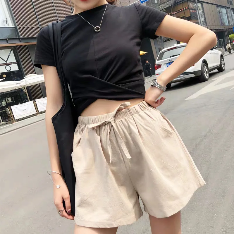 Spring and Summer New Cotton Hemp Shorts Women Wear Thin A-line Wide Leg High Waist Slim Large Relaxed Casual Shorts