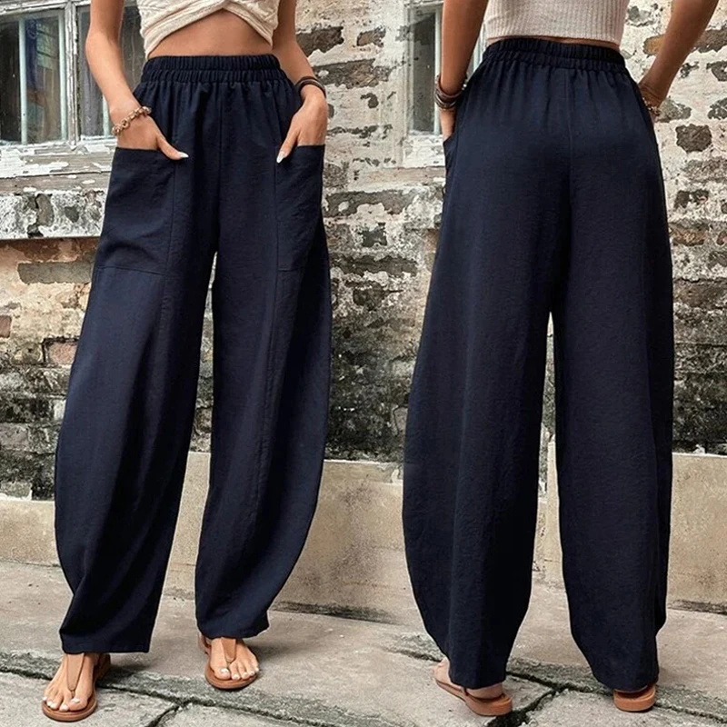 

S-5XL Women Harem Pants Wide Leg Trousers Elastic High Waist Solid Front Double Pockets Streetwear Casual Fashion