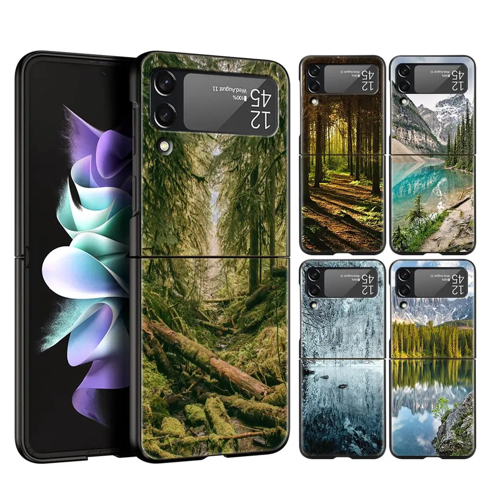 

For Samsung Galaxy Z Flip 3 4 5G Hard Black Folding PC Phone Case Forest Beach DIY Nature scenery For Samsung Z Flip3 Back Cover