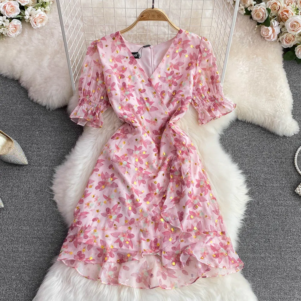 

Летнее французское платье с надписью «First Love», милое шифоновое платье с v-образным вырезом, коротким рукавом и поясом