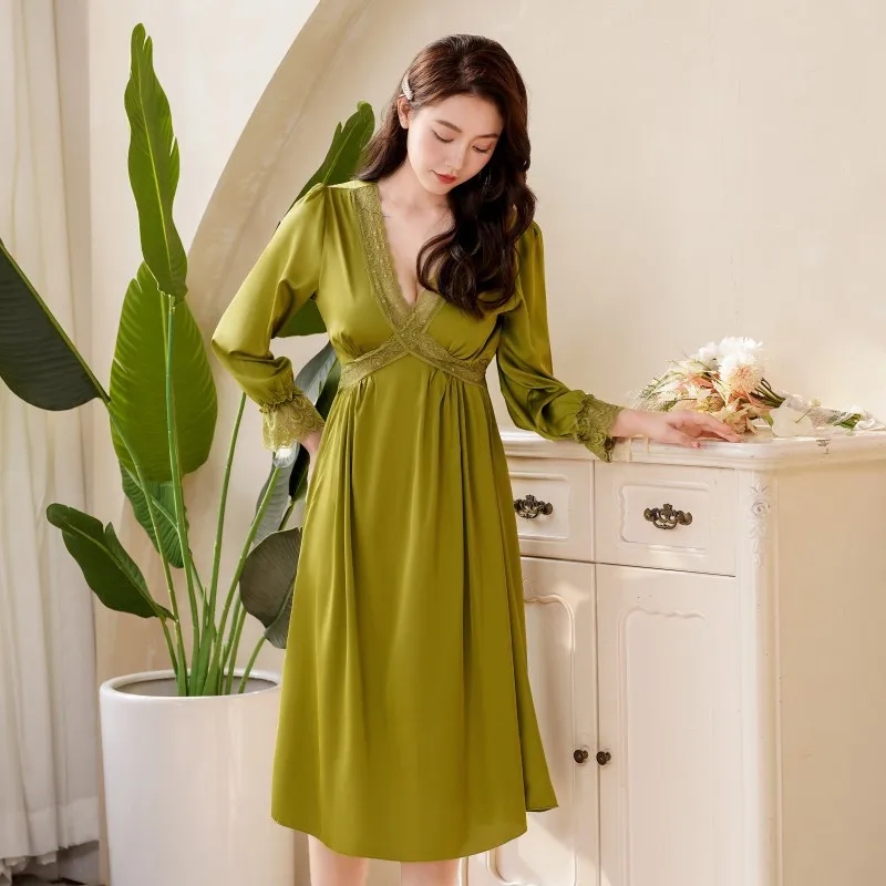 

Long Sleeve Lace Edge Nightgown Sleep Dress Sexy Ice Silk Home Clothes Nightdress Sleep Dress Court Style Nightwear Sleepwear