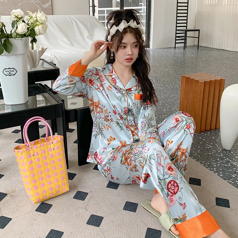 Silk Like Pajamas Set Women Autumn Sleepwear Floral Print Luxury Plaid Print Pijamas Female Set 2 Pieces Pyjamas Loungewear
