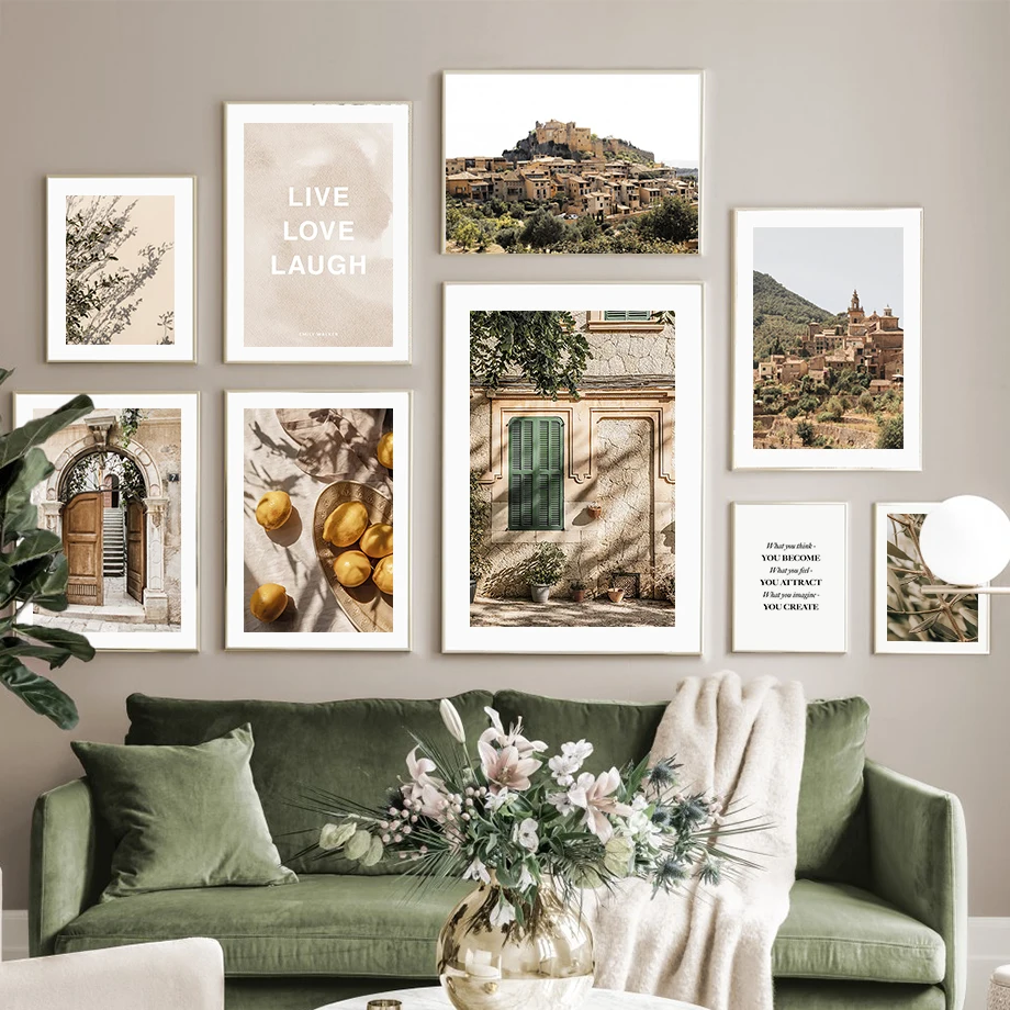 Лимоны оливковая ветка горная деревня листья искусство на холсте скандинавские