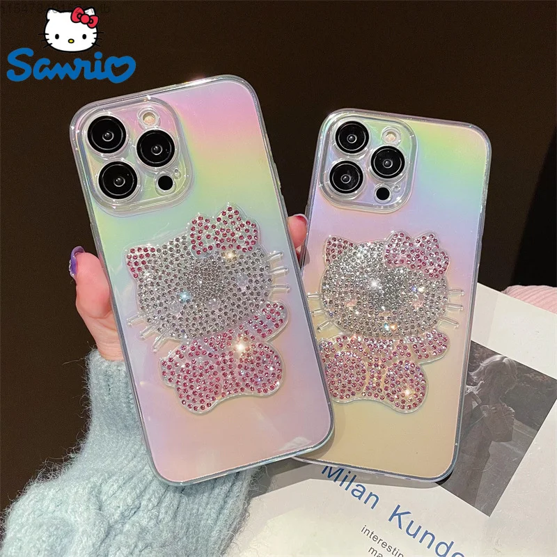 

Sanrio Hello Kitty Colorful Gradient 3D Glitter Rhinestones Jewelled Transparent Phone Case For iPhone 11 12 13 14 Pro Max