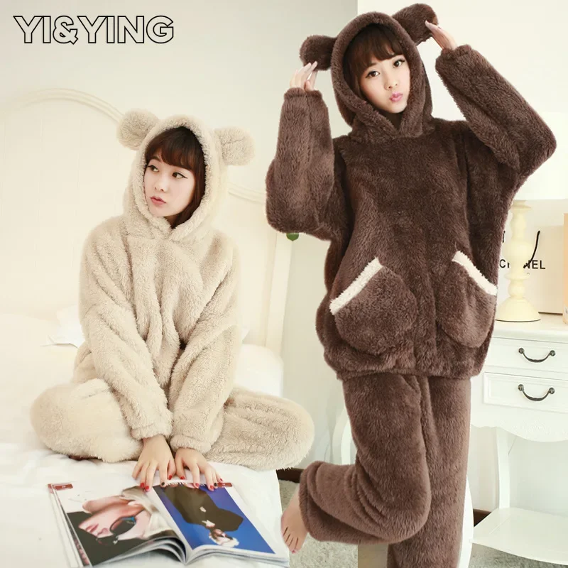 

[YI&YING] New Coral Fleece Pajamas Women's Winter Thickened and Velvet Warm Hooded Cartoon Student Flannel Home Fur Set WAZC987