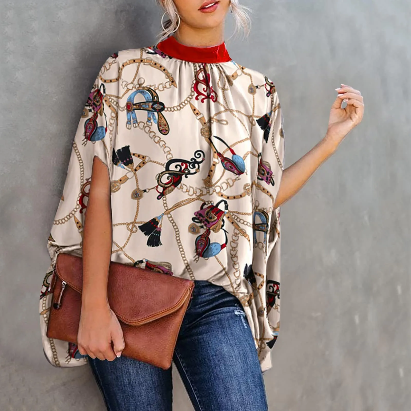 

New 2022 Summer Women Fashion Sexy Print Bat Sleeve Round Neck Blouses Vintage Turtleneck T-shirt Long Sleeve Woman Clothes