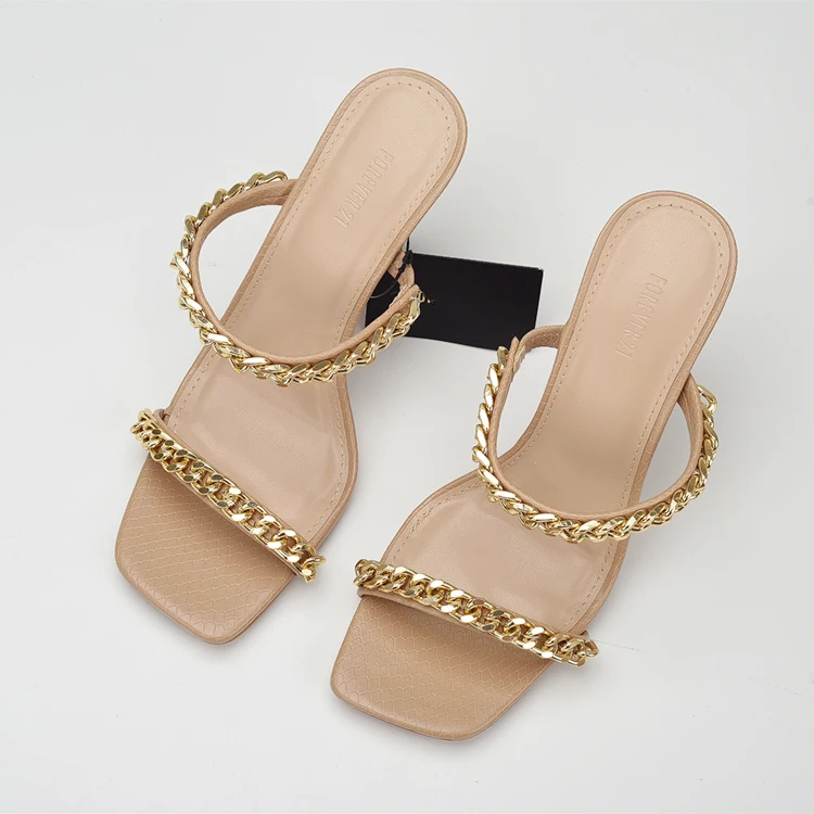 2023 Summer High heel with 2023 large size square head metal chain thin heel sandals and slippers