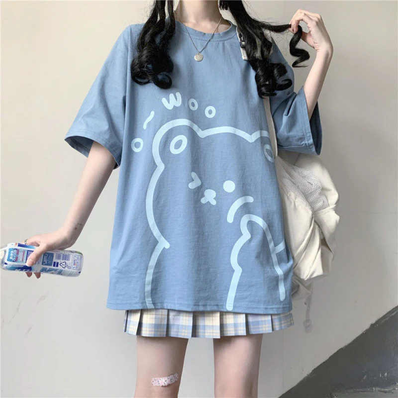 

Women T-shirt Cute Bear Blue Short Sleeve Casual Streetwear Harajuku Lady Fashion Clothes Female Girls Sweety Kawaii Top Summer