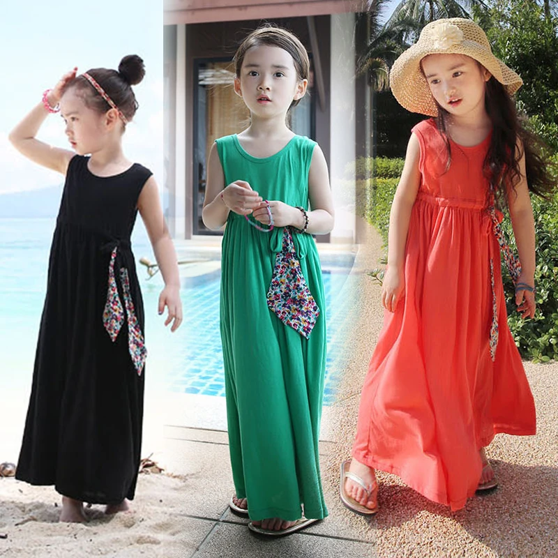 

Summer 2022 New Kids Girls Beach Sleeveless O-Neck Party Dresses Children's Clothes Fashion Korean Style Solid Long Dresses Q18
