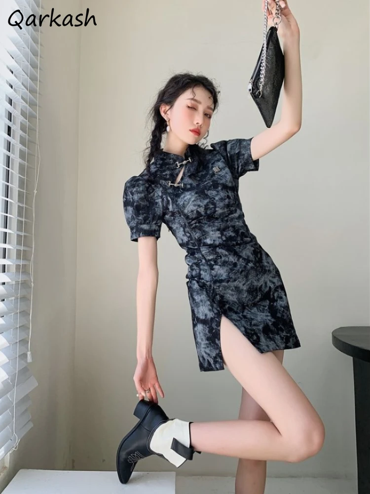 

Мини-платье женское с коротким рукавом, пикантное милое стильное в китайском стиле, с завышенной талией, в стиле Харадзюку, на лето