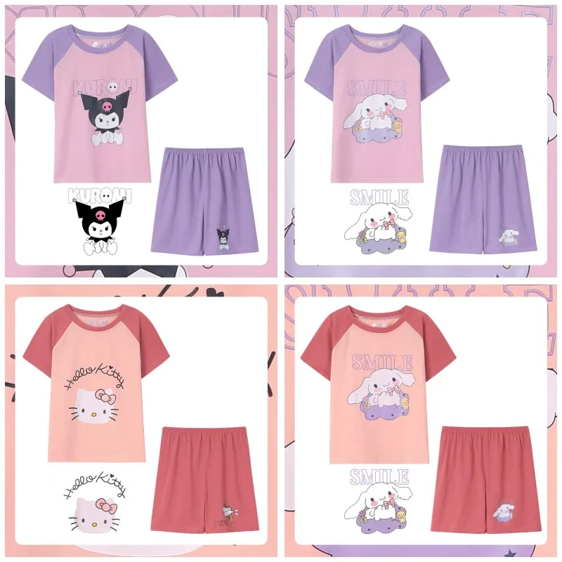 

Sanrios Kuromi Cinnamoroll Hello Kitty милые детские пижамы для девочек летние хлопковые с коротким рукавом