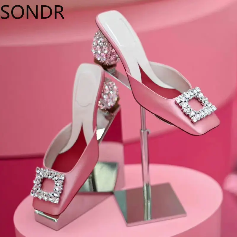 

Womens Square Toe Rhinestones Buckle Strange High Cyrstal Heel Mules Pumps Slippers Sandals Sexy Party Shoes Luxury