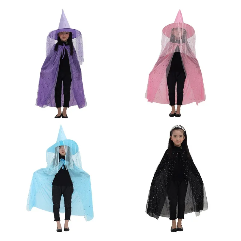 

Children Halloween Costumes Wizard Witch Cloak Cape Robe With Pointy Hat Cosplay Props Party Mardi Gras Magician Outfit