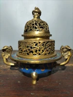 7 tibetan temple collection old bronze cloisonne enamel gilt dragon binaural double layer three legged incense burner