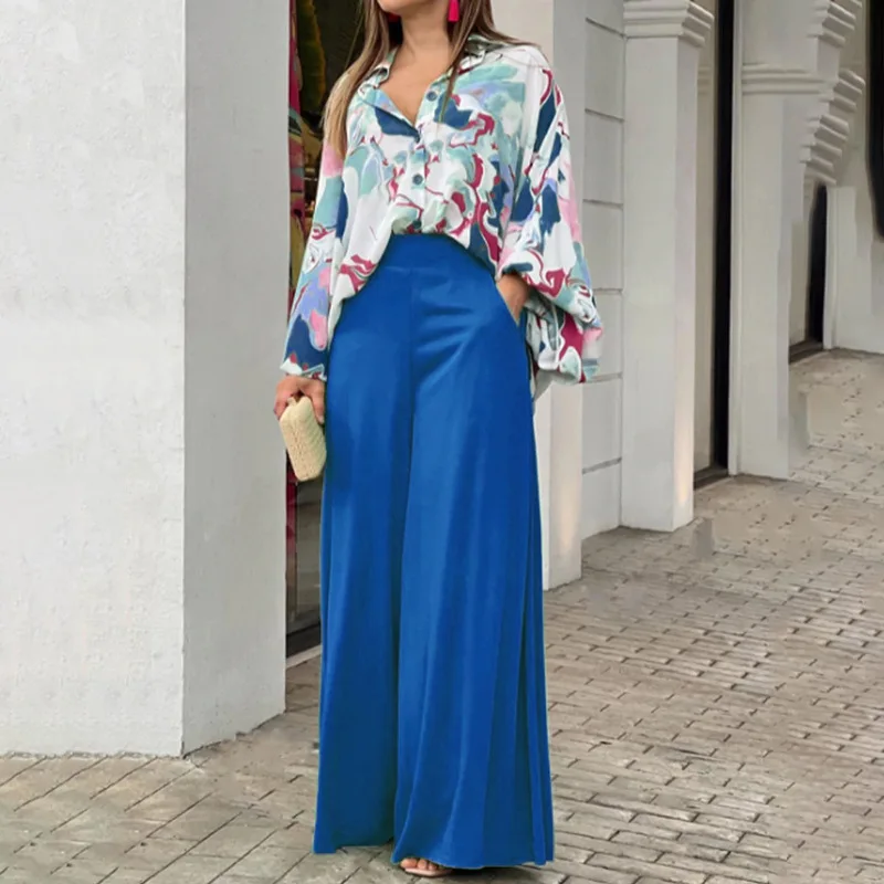

2023 Women's New Summer Temperament Set Long Sleeve Shirt Elegant Pure Color Wide Leg Pants Casual 2 Piece Set for Women