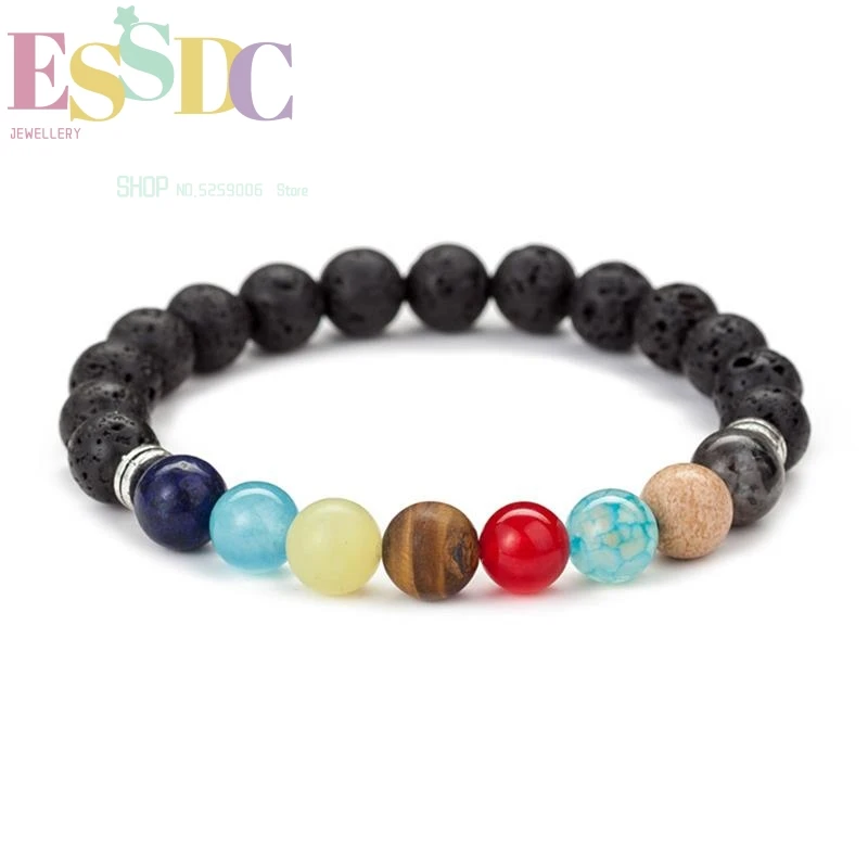 

ESSDC Eight Planets 8mm Natural Volcanic Amazonite Lapis Lazuli Stone Rainbow 7 Chakra Yoga Meditation Bracelet